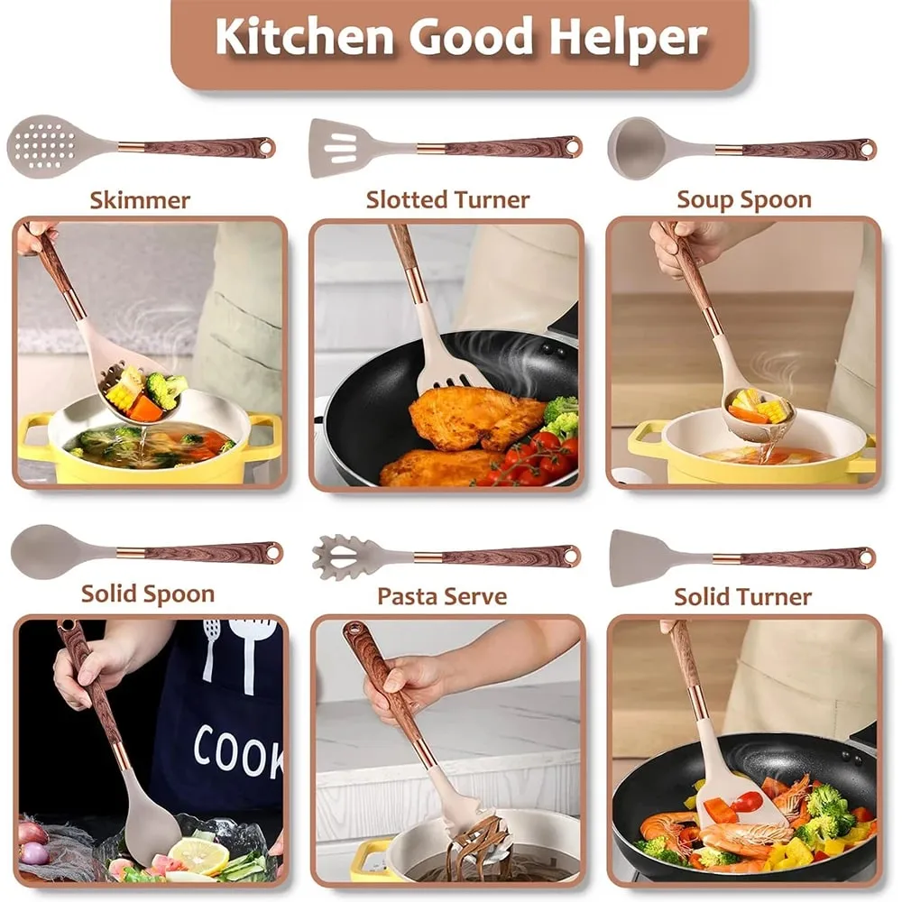 Silicone Kitchen Utensil Set 10 Pcs Cooking Utensil with Utensils Holder Wooden Pattern Handles Nonstick Cookware JT264