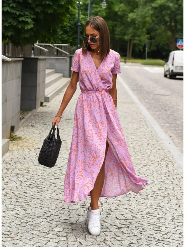 Printed Dress 2025 Summer V-neck Split Fork Medium and Long Group European and American Cross-border Women's Clothing