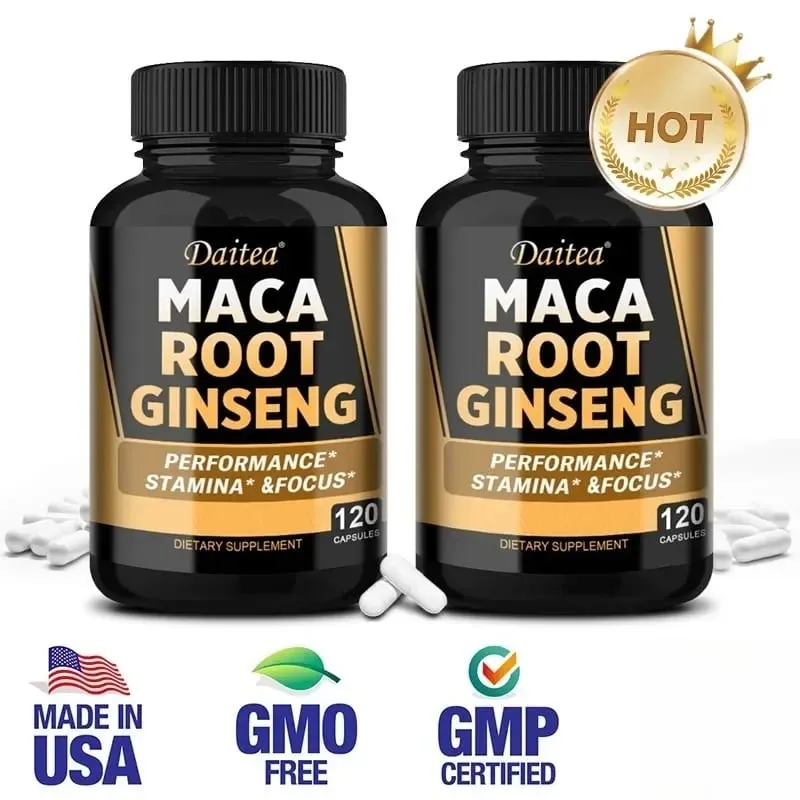 Vegan 11400mg (Yellow+Red+Black) Maca & Ginseng Root Extract - Muscle Energy & Strength Supplement - 120 Capsules