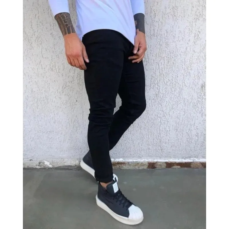 Spring Autumn New Black Stretch Men's Jeans Slim Small Feet Casual Simple Solid Color Male Skinny Denim Trousers Streetwear — image 2