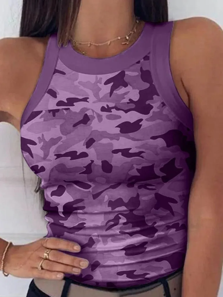 Women Casual Camo Round Neck Ribbed Tank Top Summer Basic Elastic Camisole Sexy Sleeveless Crew Neck Vest Women's Clothing — image 4
