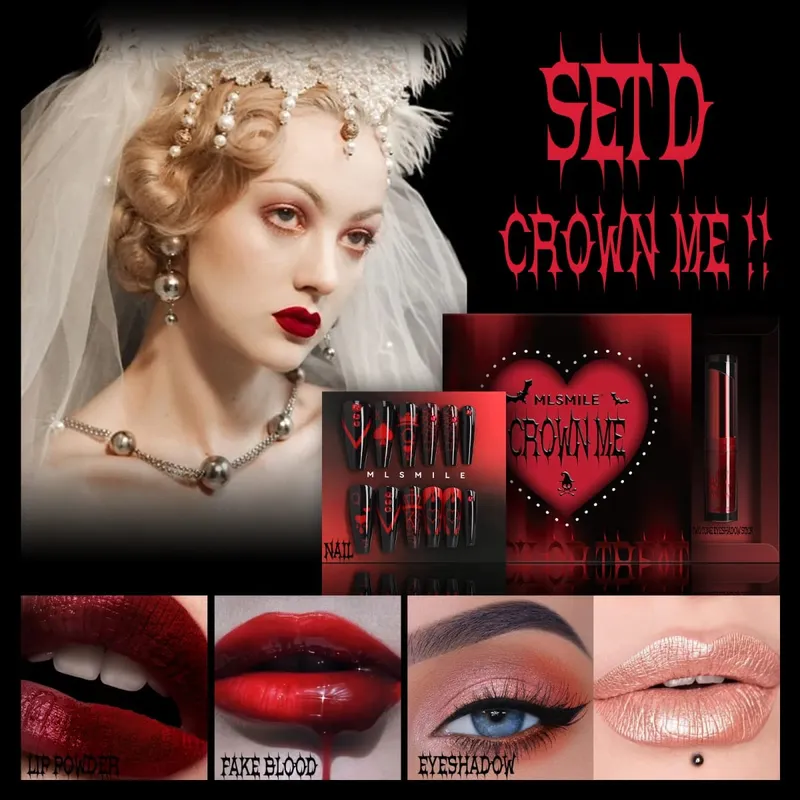 Halloween Makeup Set with Fake Blood Lip Tint Eyeshadow &3D Self-Adhesive Nail Art Stickers Special Effects Makeup Set Party SFX