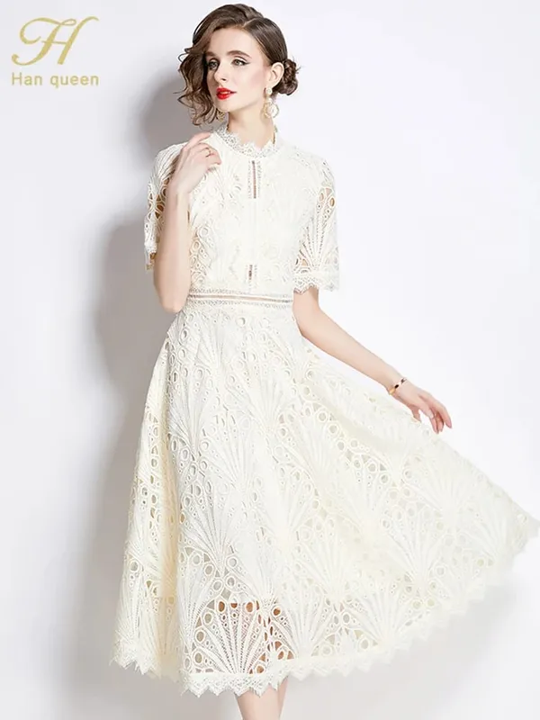 H Han Queen Spring New Elegant Casual Work Party Dresses Floral Crochet Hollow Out Lace Patchwork Casual Office Midi Dress