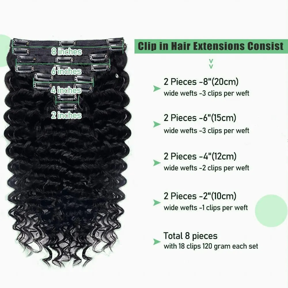 Human Hair Deep Wave Clip In Hair Extensions Brazilian Clip In 8 Pcs/Set Natural Black Color Clip Ins Remy Hair 10-26 Inch 120G — image 5