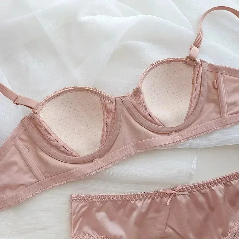 Exquisite Light Luxury Sexy Satin Underwear Thin Women's Summer Soft Steel Ring Half Cup Bra Set Bras for Women