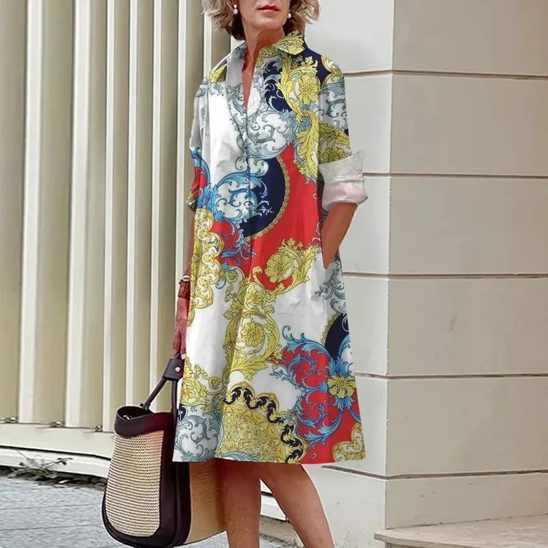 2024 Elegant Ladies Long Sleeve Shirt Dress Lapel Button Exquisite Printing Mid-Length Dress Casual Loose Commuter Shirt Dresses — image 1