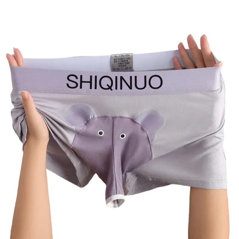 ผู้ชายน่ารักช้างพิมพ์กางเกงบ็อกเซอร์ยืดหยุ่นจดหมายเอว 3D กระเป๋านุ่ม Breathable Daily Sleep Home Casual Comfy ชุดชั้นในสวมใส่