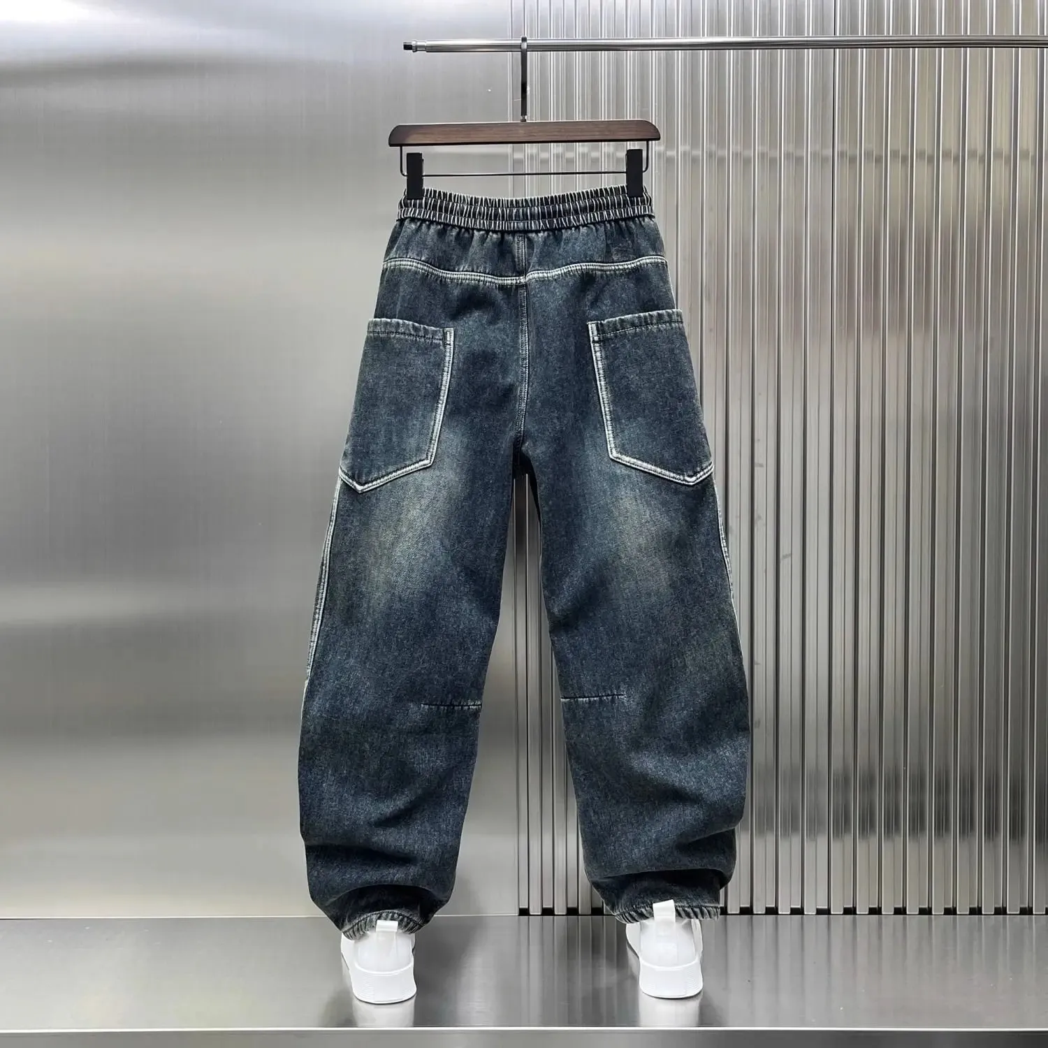 Spring Autumn 2025 New Splicing Cutting Elastic Waist Large Size Boys Washed Loose Wide Leg Big Pocket Scimitar Drawstring Jeans — image 3