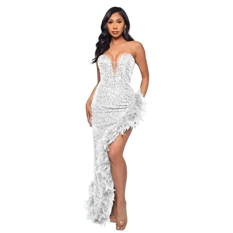 CM.YAYA Women Sequined Strapless Feather High Side Split Strapless Bodycon Midi Maxi Dress Sexy Club Even Party Dresses Vestidos
