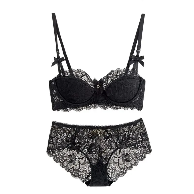 Modest French Pure Desire Bralette AB Cup Couverture complète Soutien-gorge en dentelle et ensemble Petit buste Push Up sans fil pour fille potelée Bow Grande taille — image 1