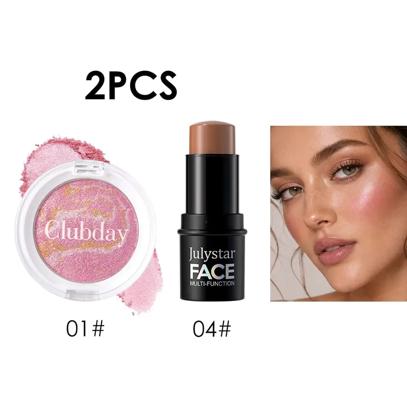 Blush & Contour 2‑Piece Set Marbled Baked Blush Powder & Contour Stick Blendable for Natural Sculpted Daily Face Makeup