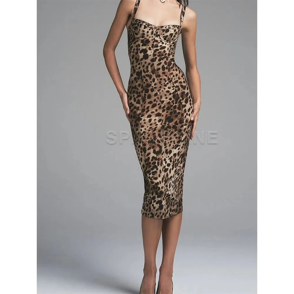 Vestido feminino sexy com estampa de leopardo, sem mangas, justo, bodycon, meia panturrilha, roupa de balada, vestidos de festa à noite
