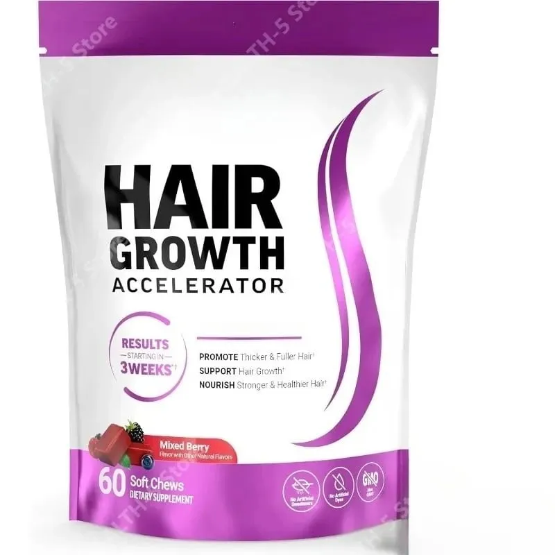 Suplemento de mastigação macia para crescimento capilar de biotina, suporte para cabelos mais grossos, vitamina C e E para nutrição saudável do cabelo 60 goma
