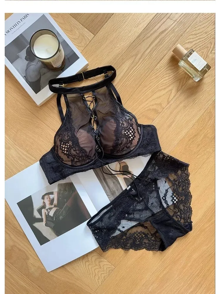 Luxury French Lace Halter Bra Small Chest Push-Up Sheer Bralette Seductive Allure Black Lingerie Set Wire-Free Comfort MOYISU AB — image 3