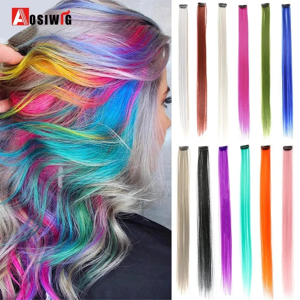 22" Synthetic Long Straight Rainbow Highlight Colored Hair Extensions Clip In One Piece Ombre Pink Purple Green Yellow For Wome — image 2