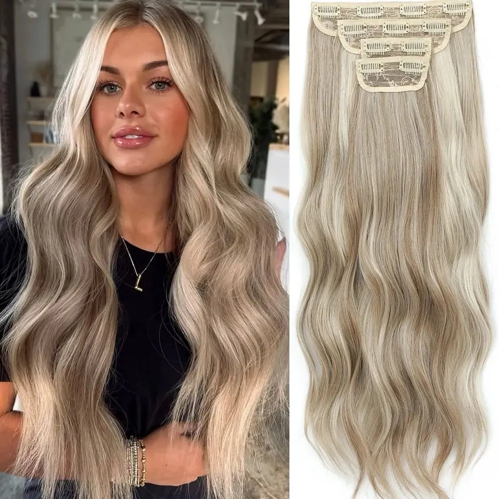 4 pçs/set 11 clipes 22 polegadas 220g ondas de praia clipe em extensões de cabelo loira arenosa champanhe resistente ao calor sintético peruca — image 1