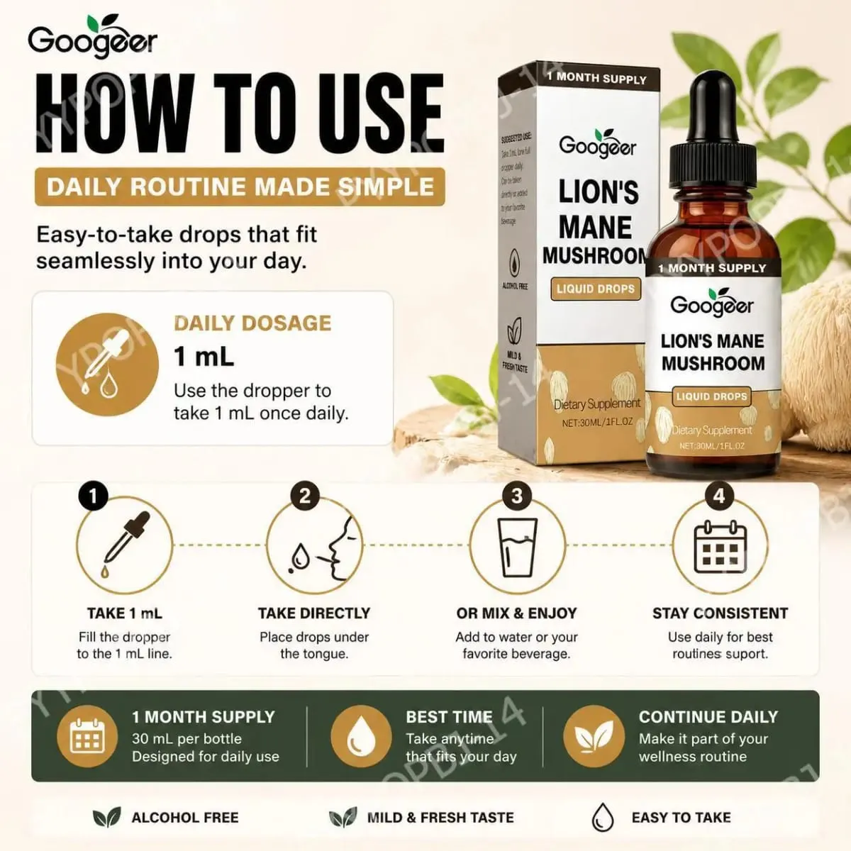Googeer Lion's Mane Mushroom Liquid Drops الذاكرة ودعم التركيز للوضوح المعرفي والرشاقة العقلية خالية من الكحول 30 مل — image 6