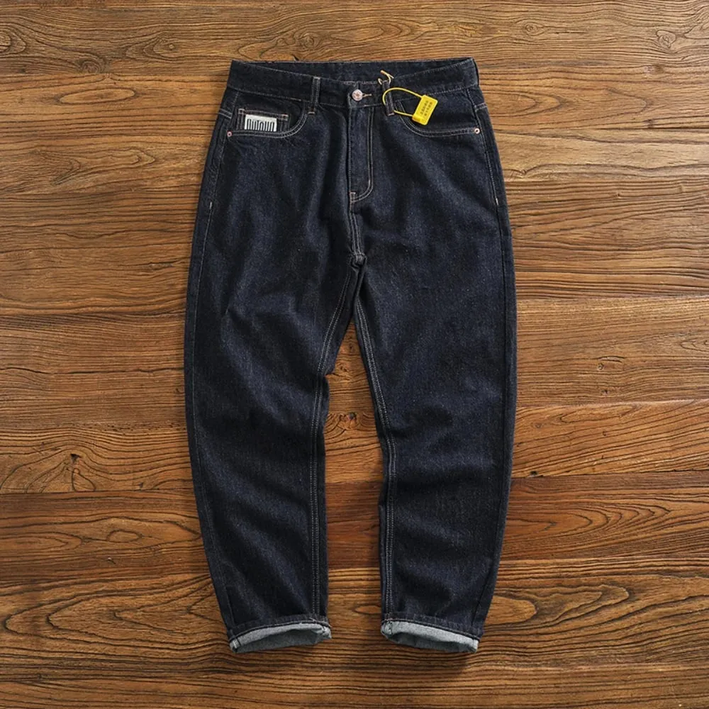 Anti-fading solid color general wash primary color denim jeans men's dark American casual loose straight cone pants — image 2