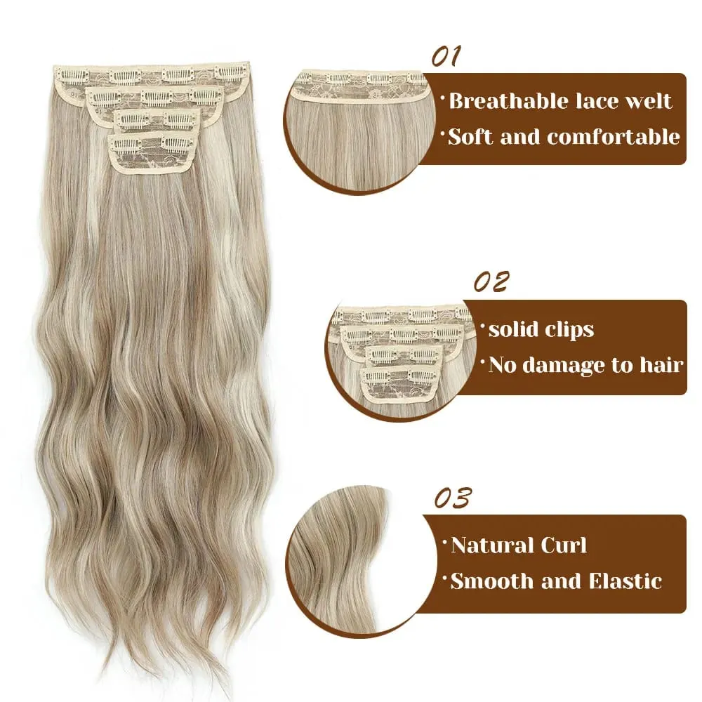 4 pçs/set 11 clipes 22 polegadas 220g ondas de praia clipe em extensões de cabelo loira arenosa champanhe resistente ao calor sintético peruca — image 4