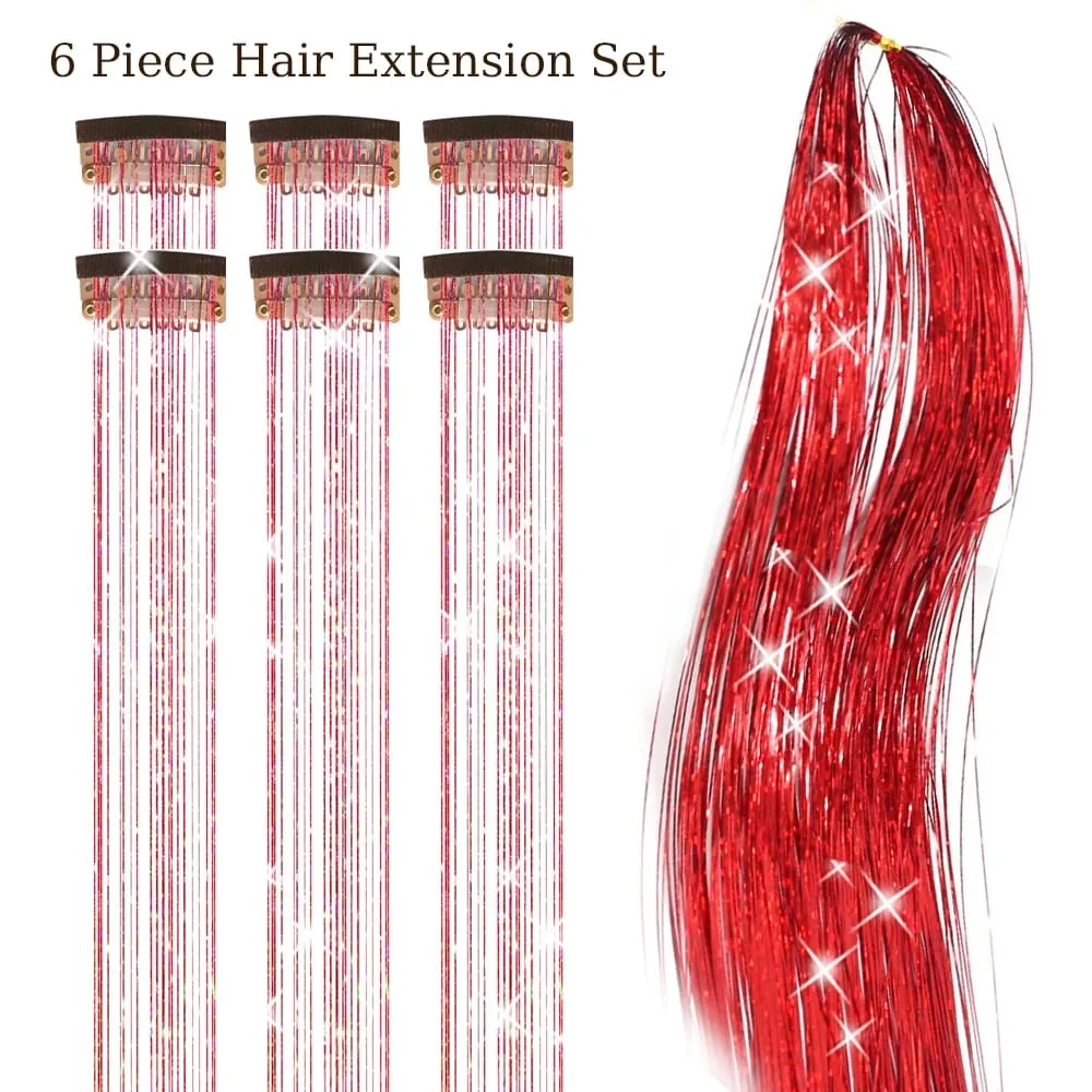 Balení 6ks Clip In Tinsel do vlasů 20palcový barevný třpytivý Tinsel Prodlužování vlasů Festivalový dárek Tinsel Fairy Hairpiece