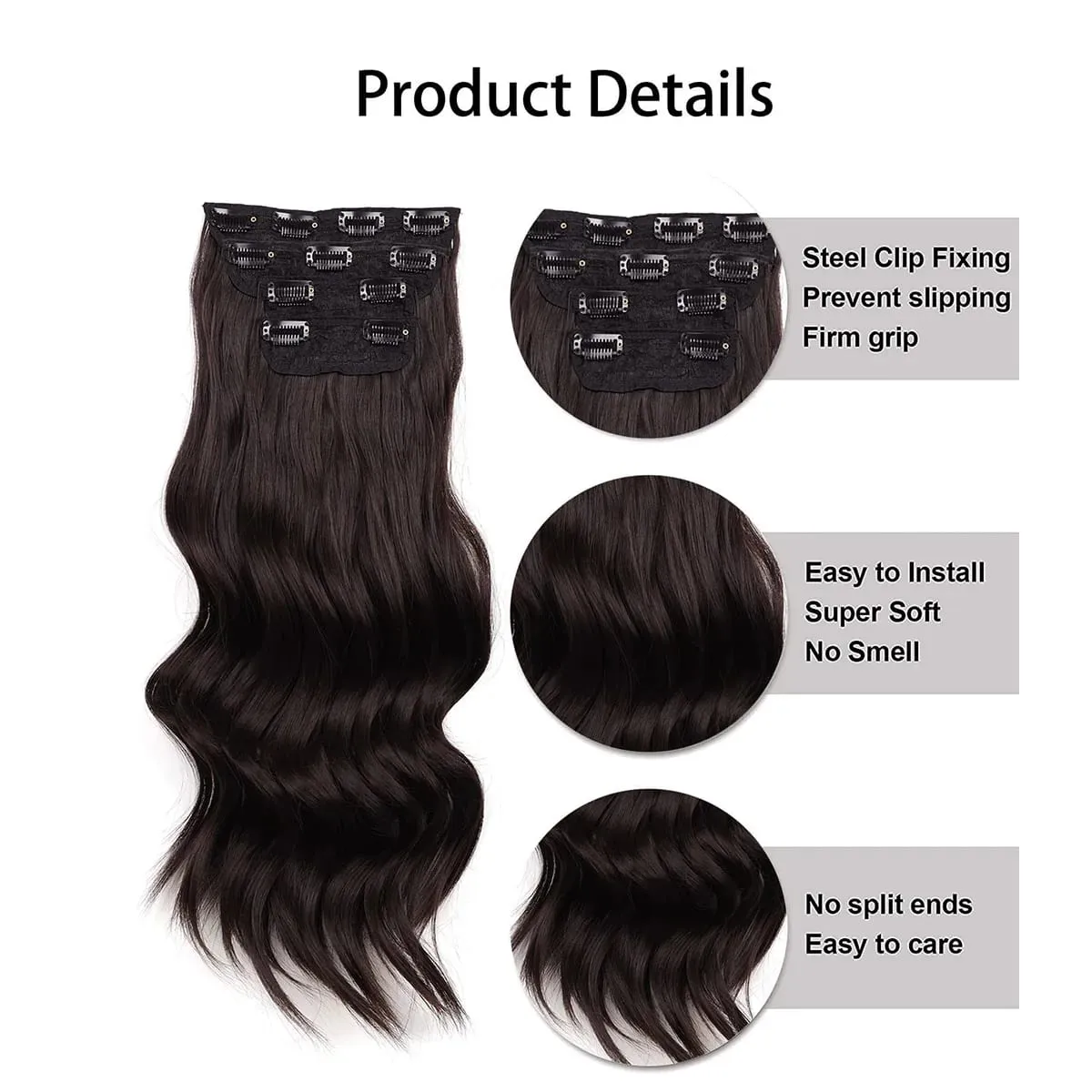 Clip in Synthetic Hair Extensions Long Wavy 4PCS Thick Hairpieces Dark Brown Fiber Double Weft Natural Hair Extensions For Women — image 4