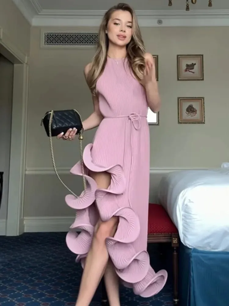 Gaun Halter Ruffle Tidak Teratur Elegan Wanita Chic Tanpa Lengan Off-shoulder Lace-up Gaun Midi Slim 2026 Gaun Pesta Petang Wanita