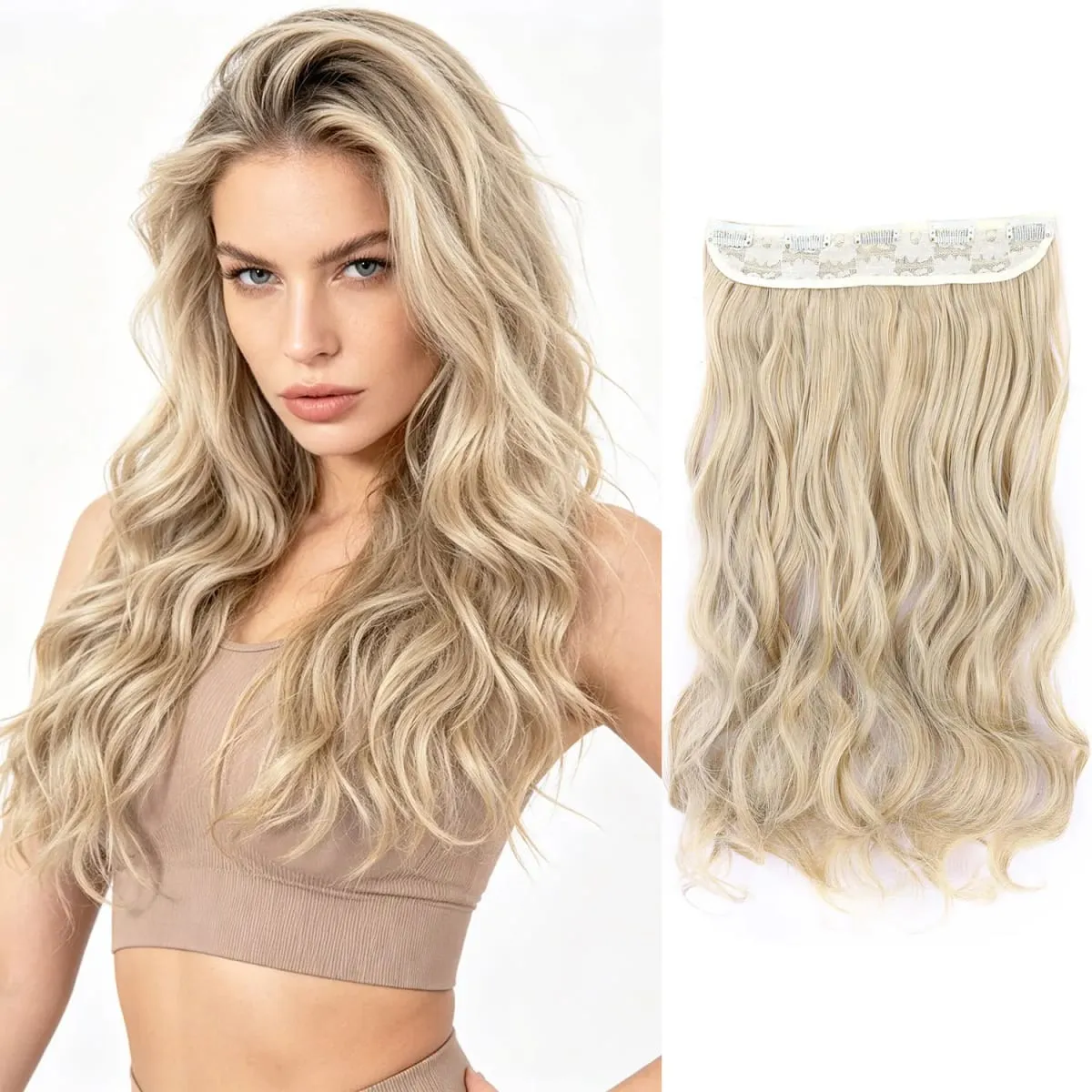 Syntetisk clip in hair extensions 5 clips i ét stykke højtemperatur fiber bølgede hårstykker til kvinder daglig festferie — image 18