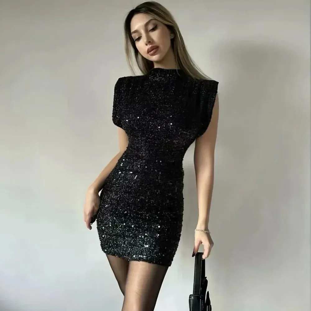 2026 Spring Women Sequined Party Dresses Shoulder Pad Sheath Mini Dress Sleeveless Valentine‘s Day Women Elegant Dresses — image 2