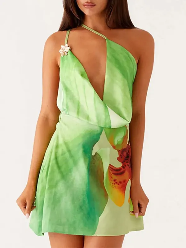 Tossy One-Shoulder V-Neck Summer Mini Dress For Women Printed Contrast Slim Spaghetti Sexy Dress Female Backless Party Dress New — image 8