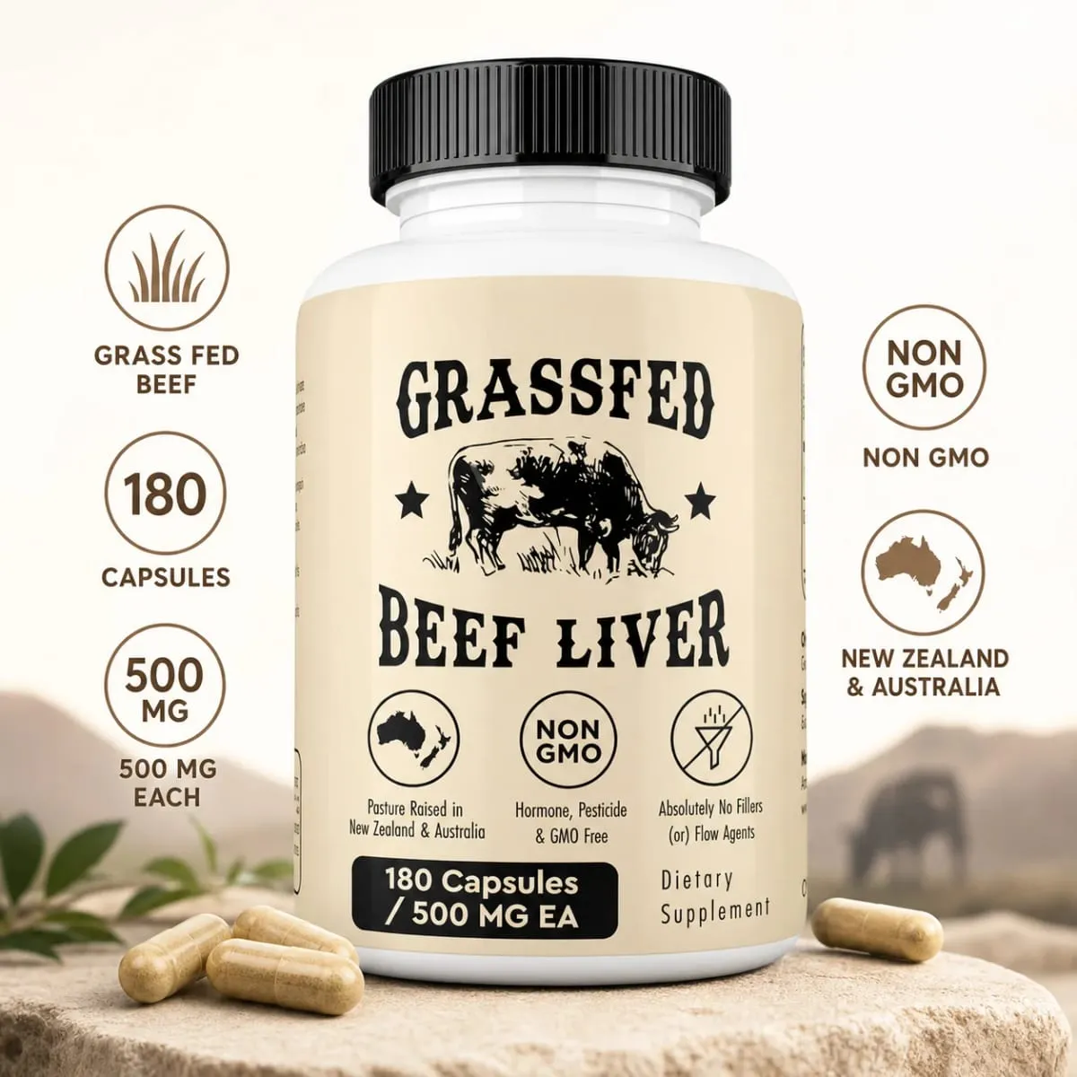 Grasgefütterte Rinderleber-Kapseln, jeweils 500 mg. Ergänzungsfuttermittel für Rinderleber aus Weidehaltung, gentechnikfrei, 180 Kapseln — image 1