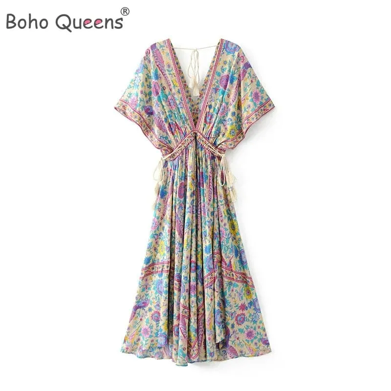 Boho Queens Women Peacock Květinový potisk Netopýří rukáv Plážové Bohémské Maxi šaty Dámské Letní šaty s výstřihem do V Letní šaty Vestidos — image 2