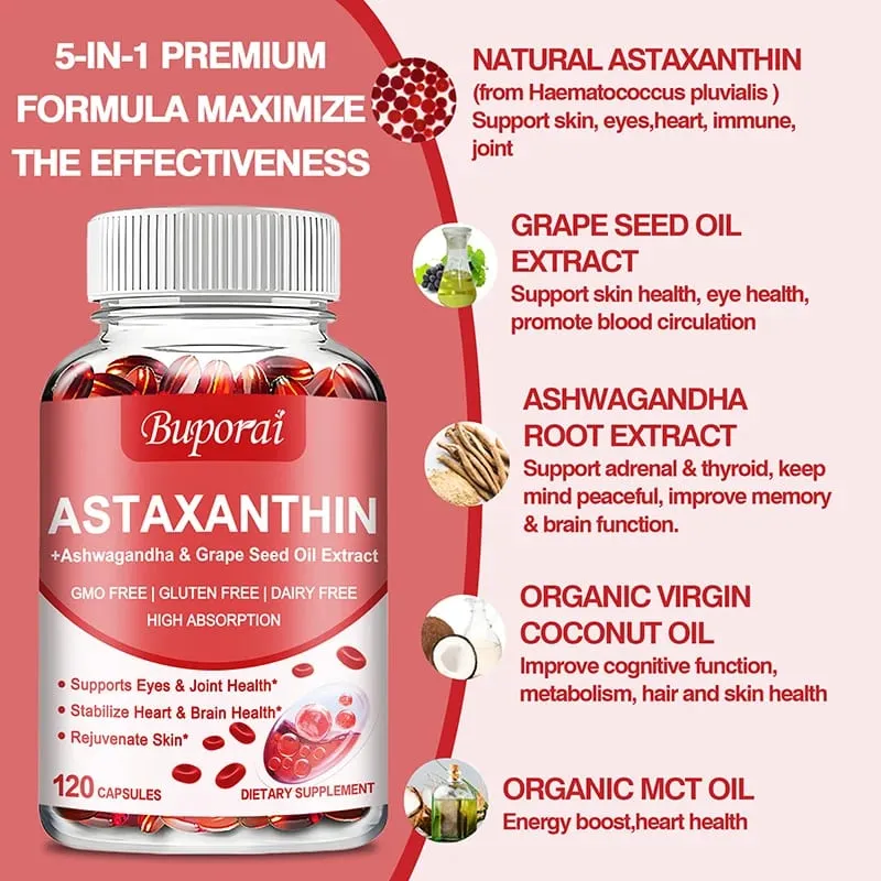 Astaxanthin Capsules - Antioxidant Protection Supports Skin and Eye Health Relieves Eye Fatigue and Enhances Immunity