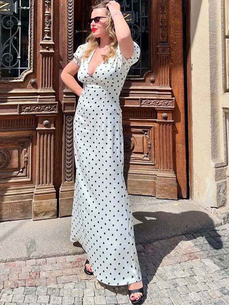 MO Sexy V-neck Print Polka Dot Women Maxi Dress White Short Sleeve Lace Up Dress Summer Slim Elegant Party Evening Dress
