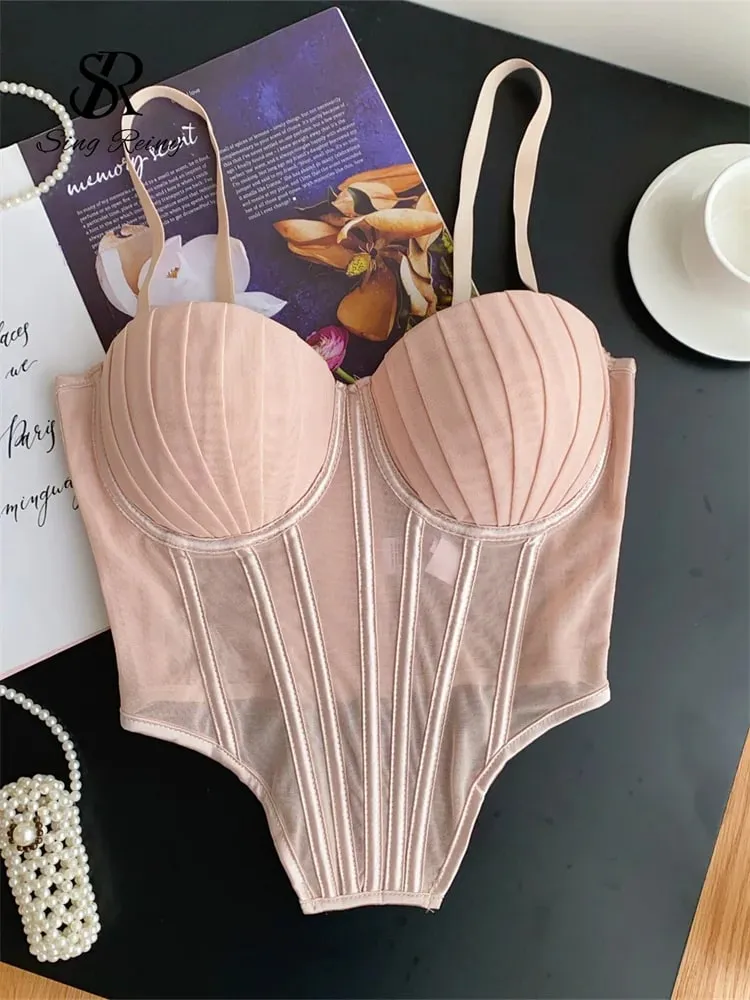 Fashion Solid Corset Lingerie Top Ladies Strap Sheer Mesh Slim Camisole American Retro Backless Beach Sexy Tank Top — image 3