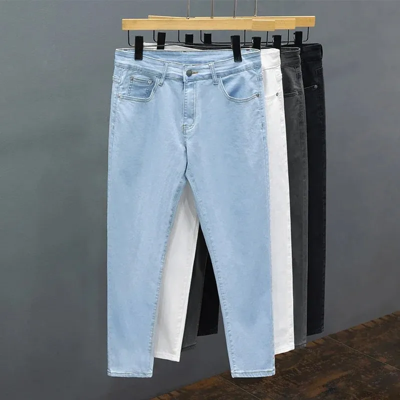 Slim Fit Men's Jeans Spring Summer Thin Cotton Soft Elastic Trendy Ankle Length Pants Straight Korean Simple Denim Trousers — image 2
