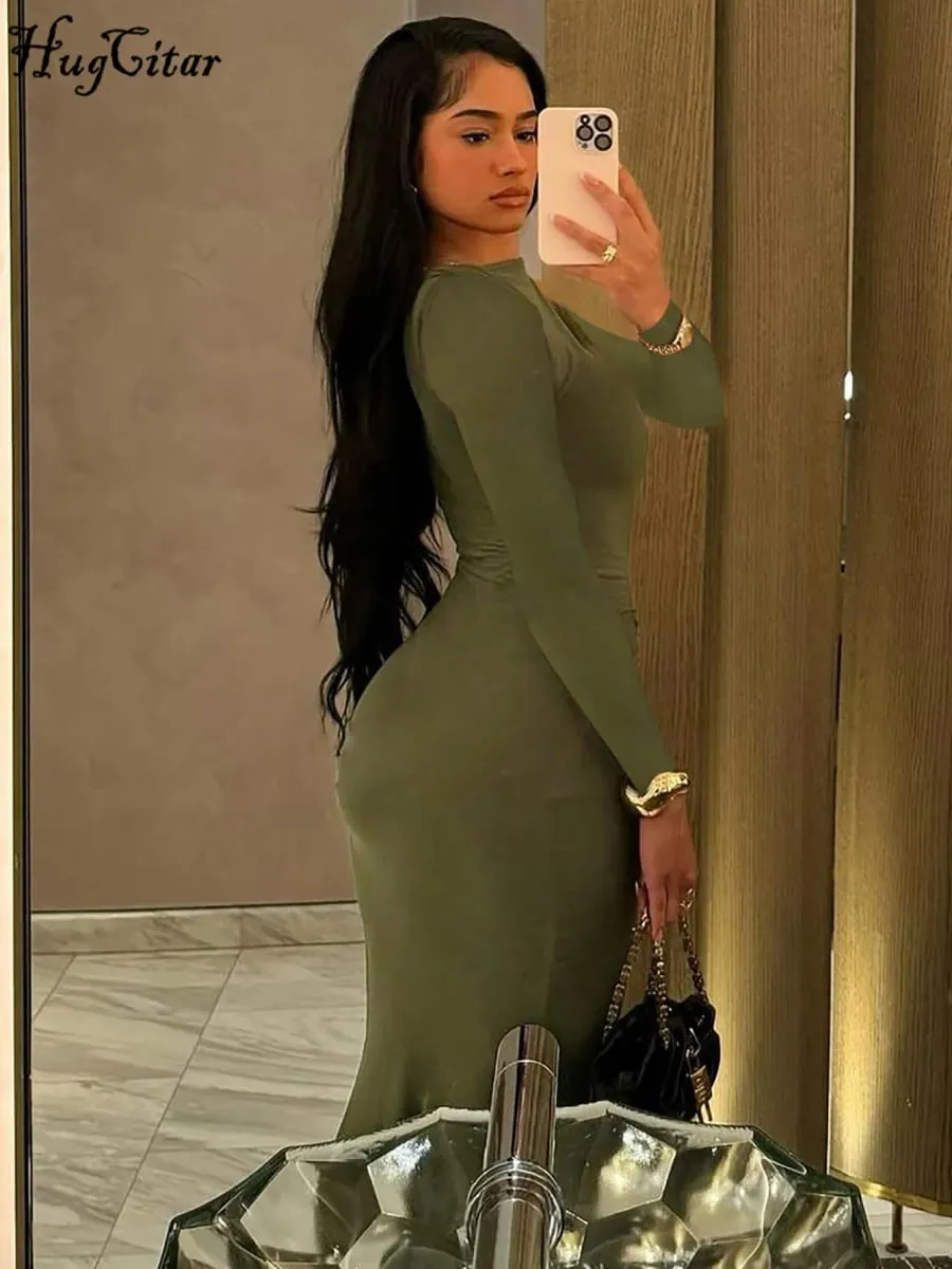 Hugcitar ฤดูใบไม้ร่วงแขนยาว Draped เซ็กซี่ Bodycon Maxi ชุดราตรีผู้หญิงแฟชั่น Y2K ชุดชุดราตรีเทศกาลคลับ — image 3