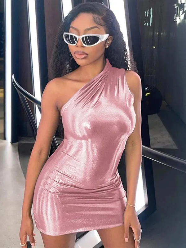 Sexy One Shoulder Bodycon Dresses For Women Solid Irregular Skinny Mini Dress Female Party Nightclub Buttocks Short Gown Vestido — image 10
