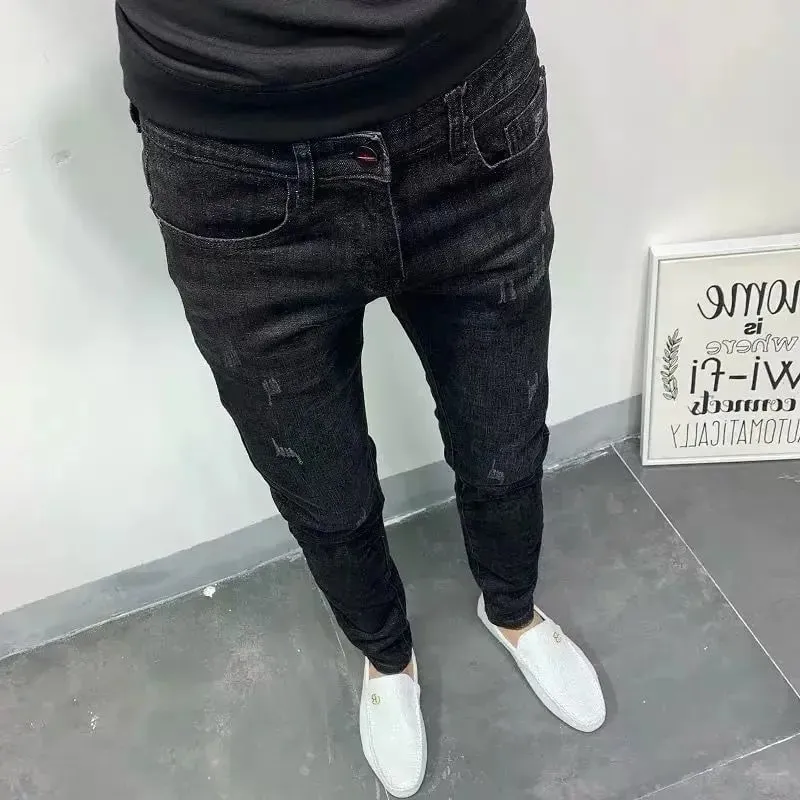Spring Autumn 2024 Kpop Fashion Men's Denim Jeans Casual Slim Long Pants Korean Solid Black Boyfriend Designer Luxury Jeans — image 3