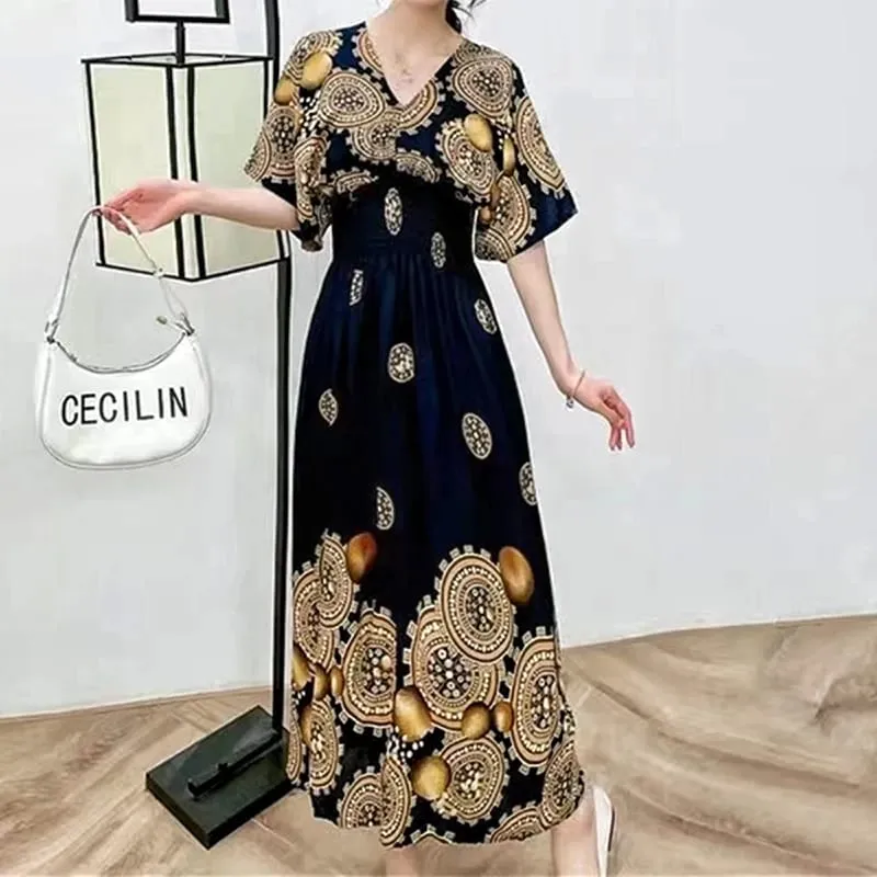 Casual Elegant Retro Bohemian National Style V-neck Elastic Waist Large Swing Printed Summer Long Skirt Woman Dress Clothes — image 28