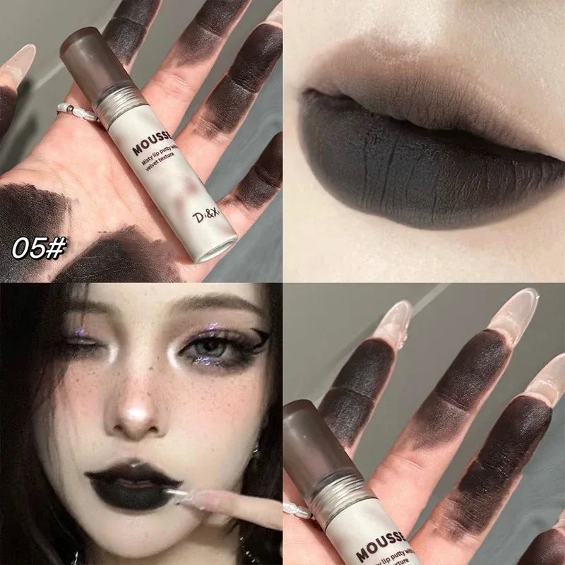 Gothic Matte Black Lipstick Waterproof Mousse Mud Nude Brown Lipstick Dark Purple Punk Lip Gloss Makeup Non-stick Tint — image 11