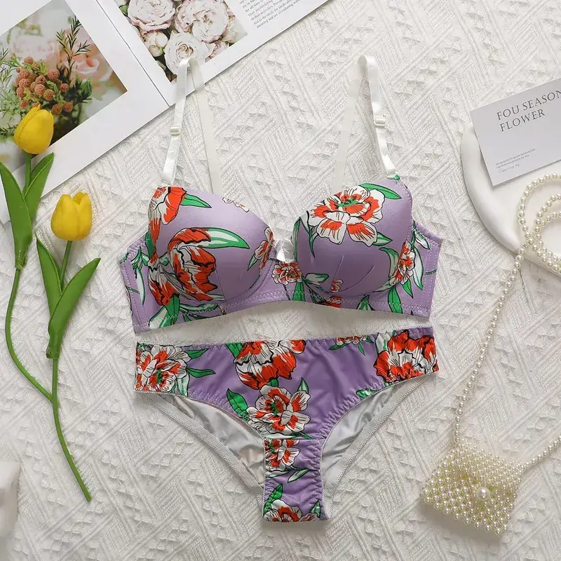 Hot Selling High-quality Multi-color Lingerie 2-piece set For Women's Underwear Beautiful Print Push Up Bra Beach party bikini — image 9