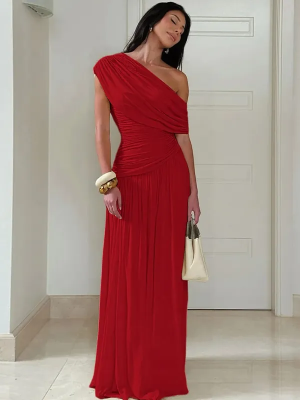 Hugcitar One Shoulder Ruched Sleeveless Solid Pleated Sexy Irregular Y2K Maxi Dress Summer Elegant Party Women Clothes Vacation — image 11