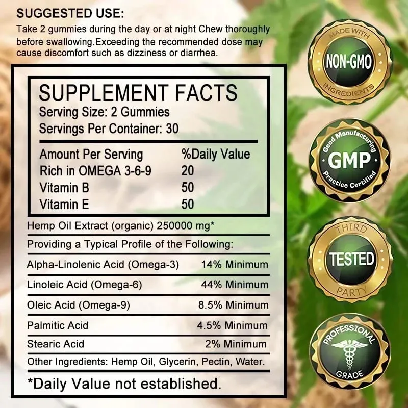 Contains Omega 3-6-9 Vitamin B E Gummies - Stress Relief Sleep Mood Skin Nails Focus Joint Support Non-GMO Supplement — image 6