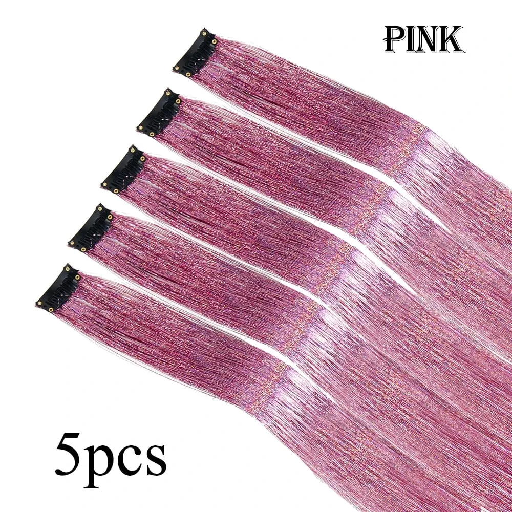 Wholesale 5Pcs/Pack Sparkling Shiny Hair Extensions Clip In Sparkle Shiny Hair Tinsel Rainbow Shiny Sparkle Hair Tinsel Pink/Red