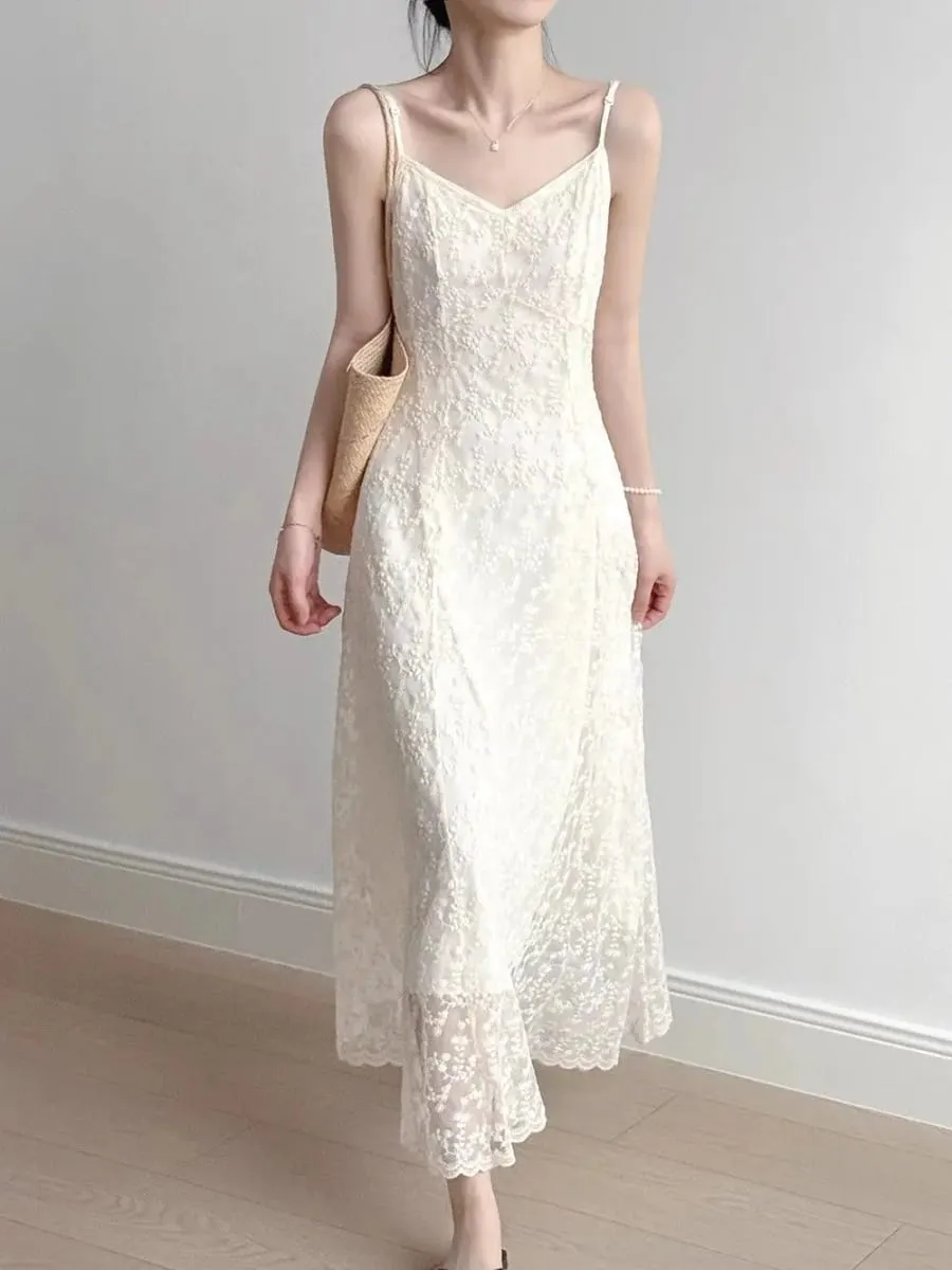 Lace Sling Dress Women Summer New Embroidered Sweet Simple Basic Party Elegant Female Sleeveless Long Dress — image 2