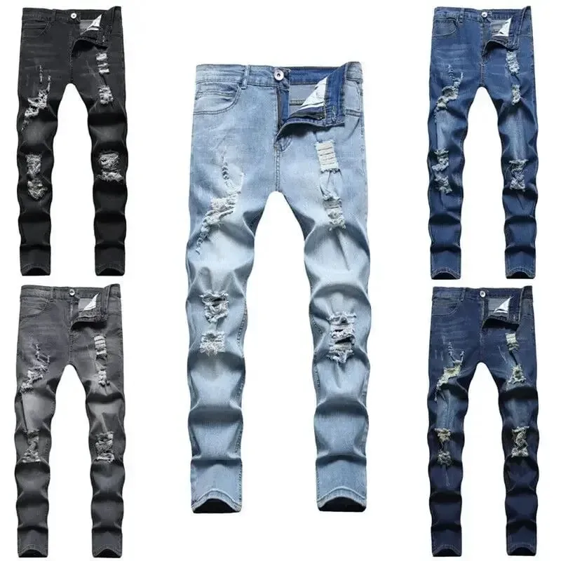 Jeans Men Hole Distressed Pencil Pants Slim Fit Vintage Zipper Fly Pockets Solid Colour Washed Denims Ankle Length Trousers — image 7