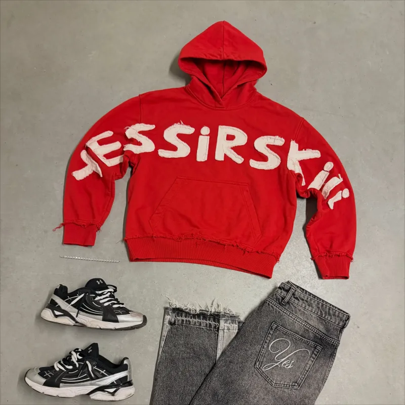Y2K Men Oversized Hoodie Frayed Raw Edge Patch Letter Print Pullover Hooded Sweatshirt Multi Color Hip Hop Streetwear Hoodies