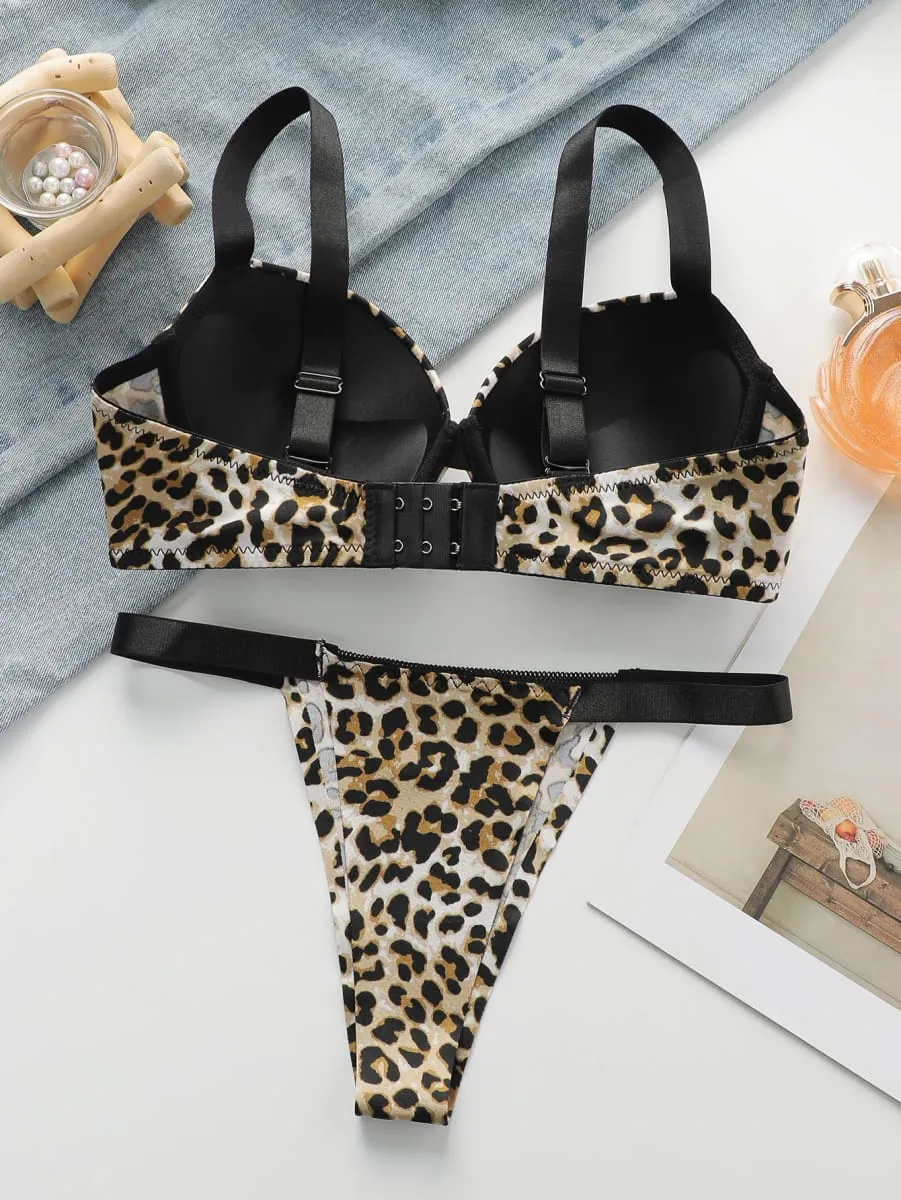 Sexy leopard print 2-piece set with gathered lifting and thickened steel support bra set for women's underwear B2051 — image 2