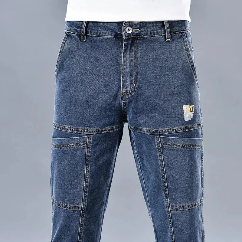 2024 Men's Summer Fashion Men's Jeans Multi-pocket Splicing Straight-leg Casual Denim Trousers Personalized Dark Blue Brand — image 11