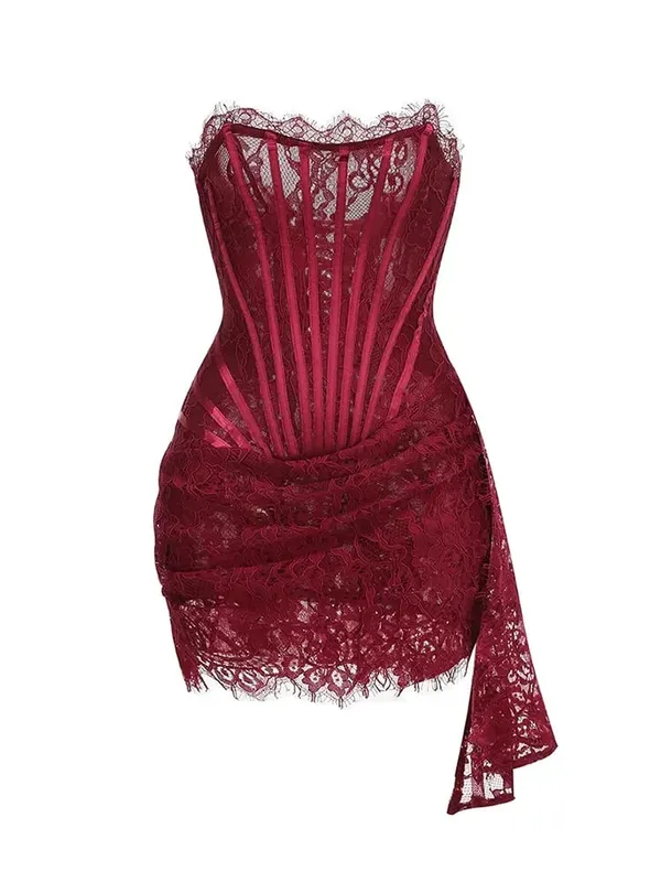 Sexy Lace See-through Patchwork Corset Dress Female Bodycon Elegant Party MIrrgualr Mini Dress Women Tube Top Dress New — image 9